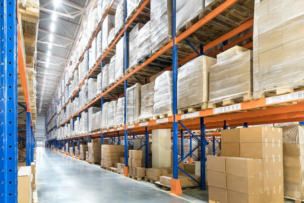 Pallet racks in a warehouse