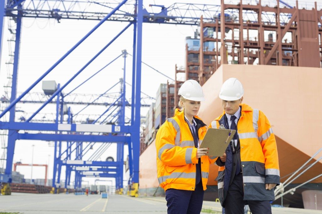 Workers at a shipping port