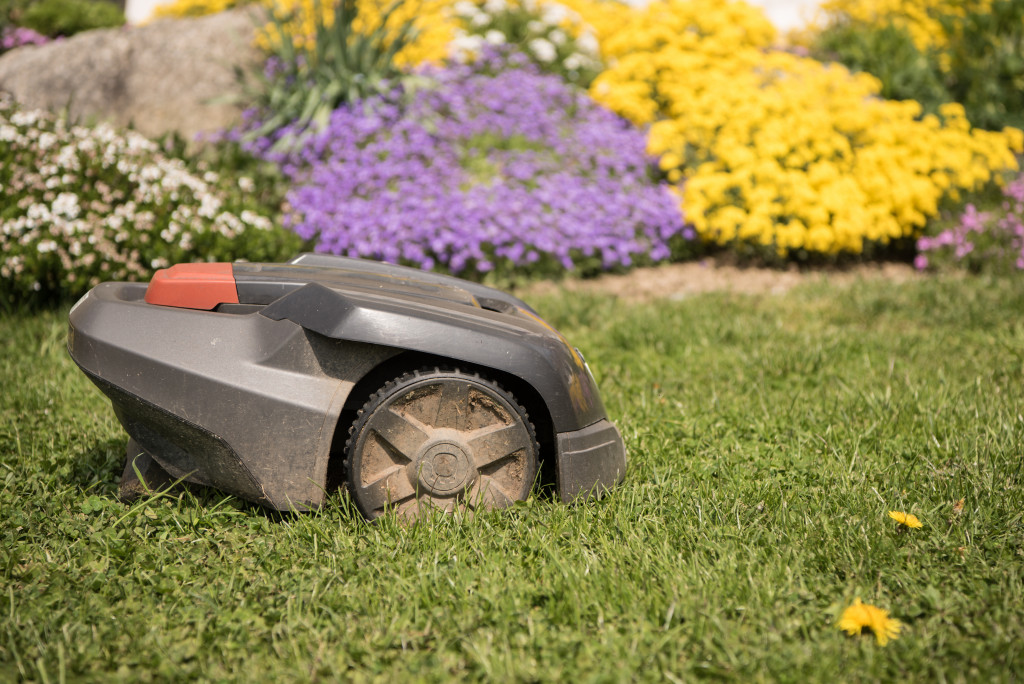 Dirty robot lawn mower on grass in the garden