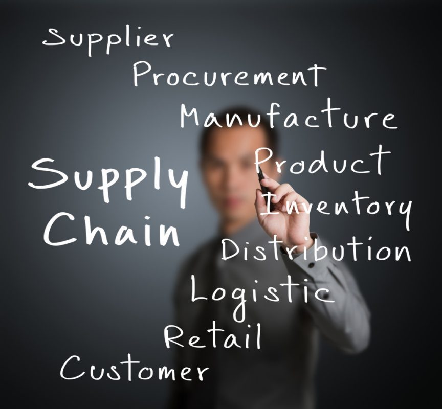 businessman scribbling supply chain management concepts