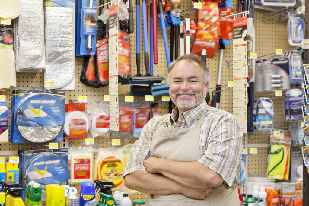 a businessman in front of a store shelf