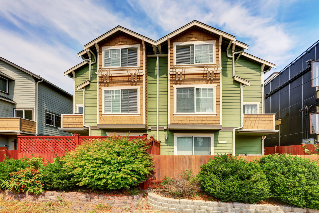 Exterior of a duplex house in the United States.